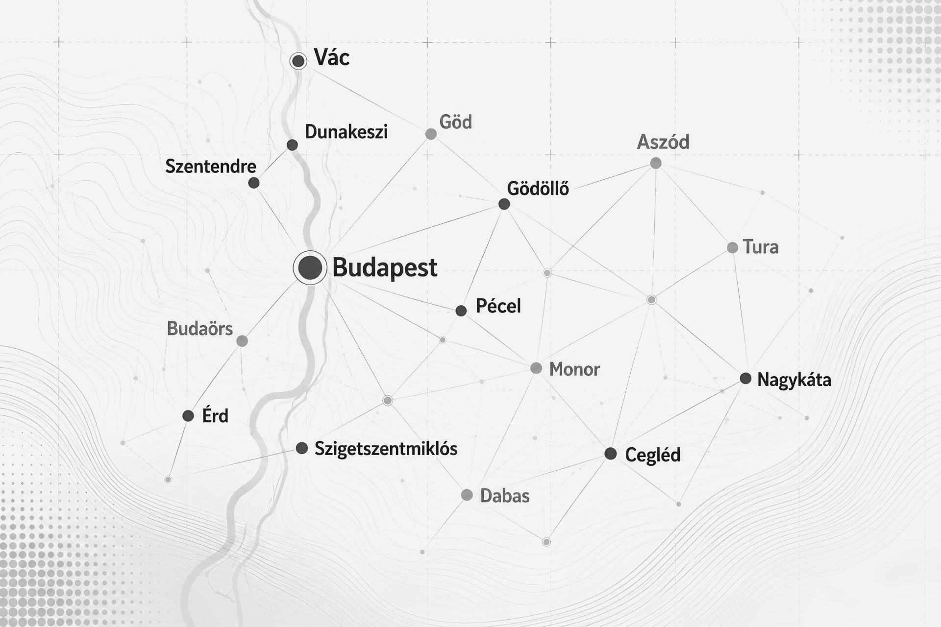 Pest megye térképe városok jelöléseivel és összekötő vonalakkal, Budapest központi kiemeléssel.